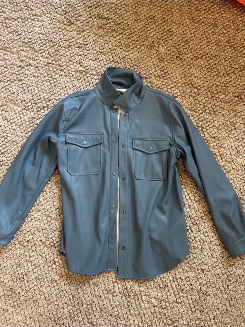 Blue Button-Front Leather Shirt Jacket
